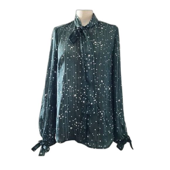 Modcloth Green Striped Star Long Sleeve Whimsigoth Retro Blouse Shirt Top - S - Picture 1 of 10
